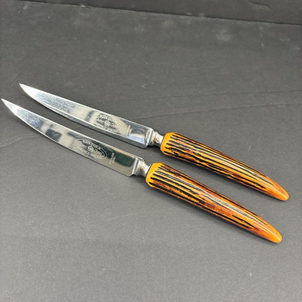 Vintage‎ Crown Crest Sheffield England Stainless 2 Steak Knives Faux Stag Antler